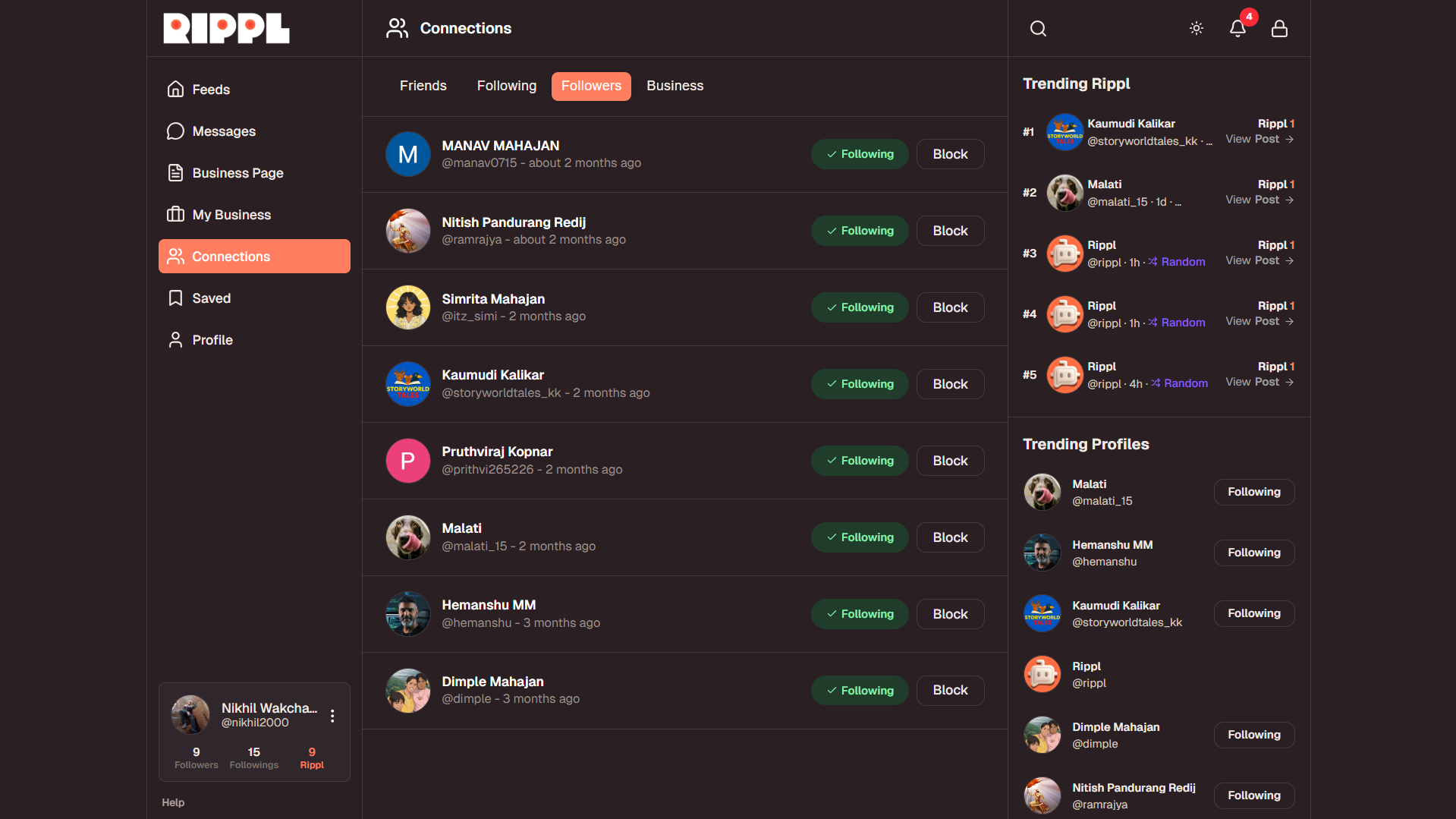Profile Lists screen showing Followers - Desktop View